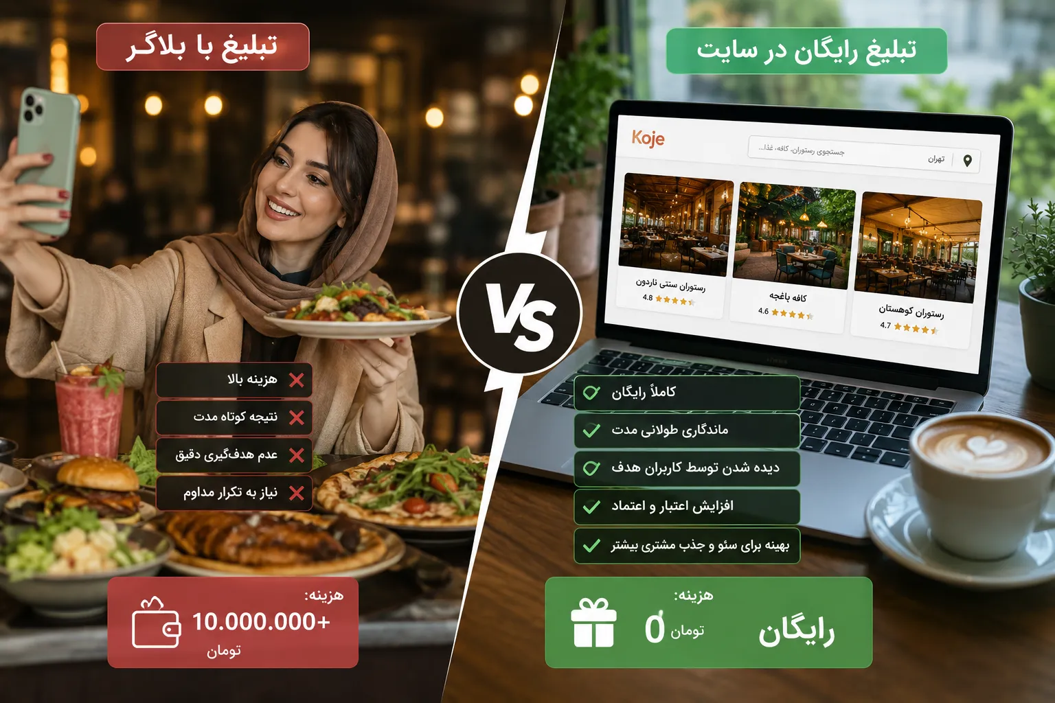 تبلیغ رستوران و کافه؛ مقایسه واقعی هزینه بلاگرها با تبلیغ رایگان در سایت